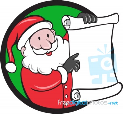 Santa Claus Paper Scroll Pointing Circle Cartoon Stock Image
