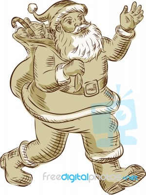 Santa Claus Walking Waving Etching Stock Image