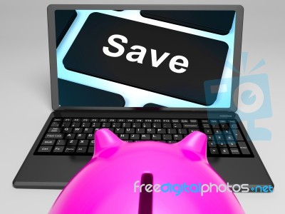 Save Key On Laptop Shows Promotional Prices Stock Image