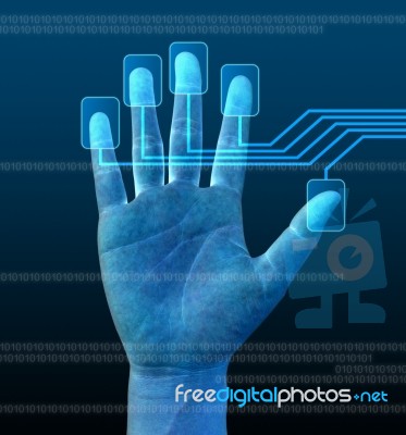 Scanning Finger On Touch Screen Stock Photo