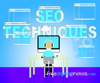 Seo Techniques Shows Internet Search Engines Strategy Stock Image