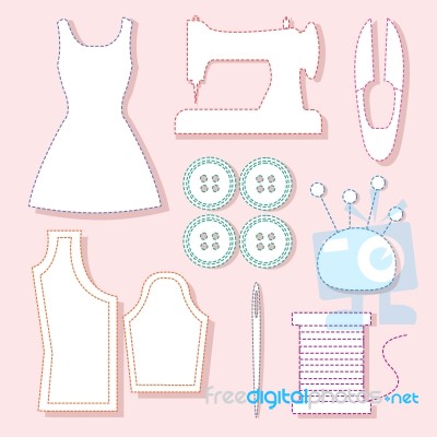 Set Of Sewing Tools Symbol On Pink Background Stock Image