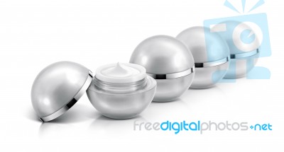 Several Silver Sphere Cosmetic Jar On White Background Stock Photo