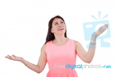 Shocked And Excited Woman Looking Up, Isolated On White Stock Photo