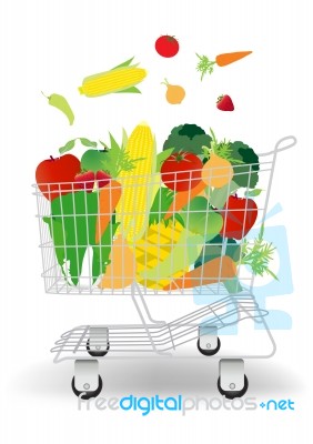 Shopping Cart With Fruits And Vegetables Stock Image
