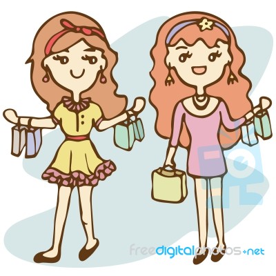 Shopping Girls With Shopping Bag, Cartoon Illustration Stock Image
