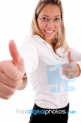 Side View Of Smiling Accountant Showing Thumb Up Stock Photo
