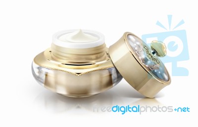 Single Golden Crown Cosmetic Jar On White Background Stock Photo