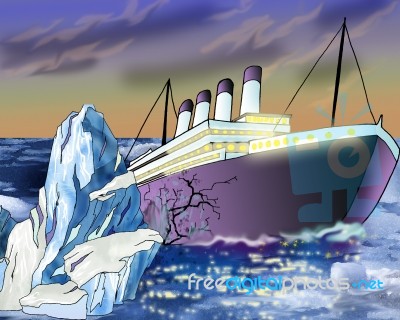 Sinking Ship And Iceberg In Atlantic Ocean Stock Image