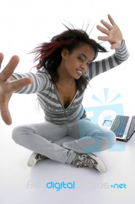 Sitting Girl With Laptop Stock Photo