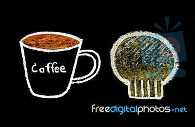 Sketch Chalk Of Coffee And Bread On Blackboard Stock Photo