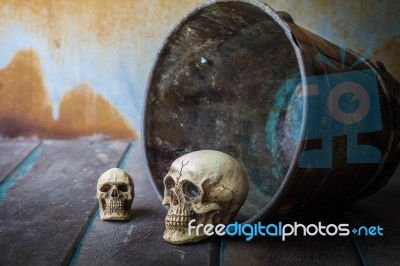 Skull In A Bucket On Wooden Stock Photo
