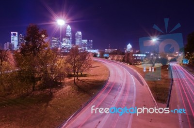 Skyline Of Uptown Charlotte, North Carolina At Night Stock Photo