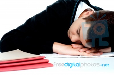 Sleeping School Boy With Notebook Stock Photo