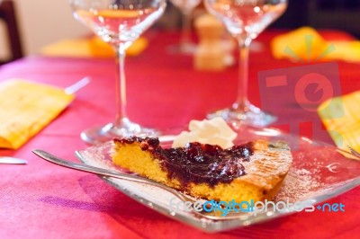 Slice Of Italian Tart Crostata With Cherries Served On Glass Pla… Stock Photo