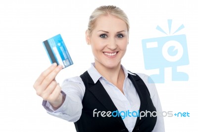 Smart Business Lady Holding Credit Card Stock Photo