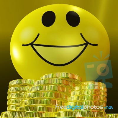 Smiley Face With Coins Showing Monetary Happiness Stock Image