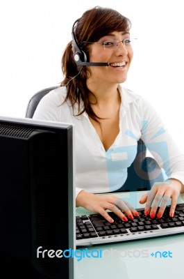 Smiling Business Lady With Headset Stock Photo