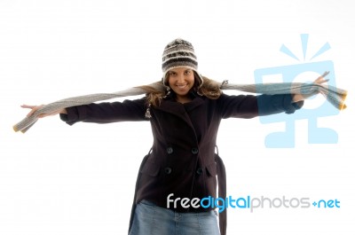 Smiling Girl Stretching Her Scarf Stock Photo