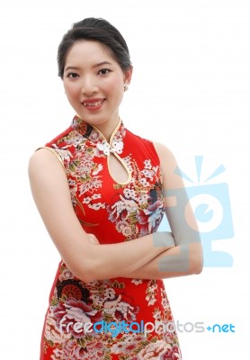 Smiling Girl Wearing Chinese Dress Stock Photo