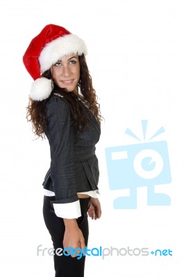 Smiling Lady With Christmas Hat Stock Photo