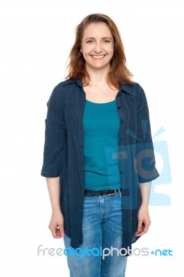 Smiling Middle Aged Woman Wearing Blue Cardigan Stock Photo