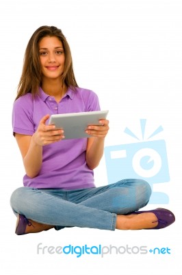 Smiling Teenage Girl Using Ipad Stock Photo