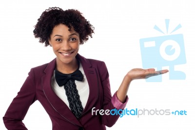 Smiling Woman Presenting Copy Space Area Stock Photo