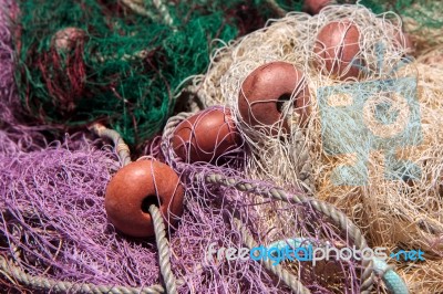 Some Fishing Nets On The Quayside At Latchi In Cyprus Stock Photo