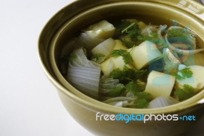 Soup With Tofu Vegetable And Pork Stock Photo