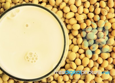 Soymilk With Soybeans Stock Photo