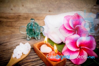 Spa And Wellness Setting With Natural Bath Salt, Candles And Tow… Stock Photo