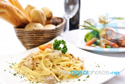 Spaghetti With Bread Stock Photo