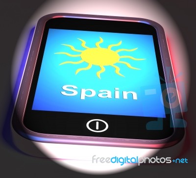 Spain On Phone Displays Holidays And Sunny Weather Stock Image