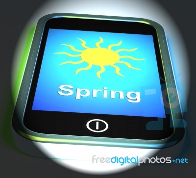 Spring On Phone Displays Springtime Season Stock Image