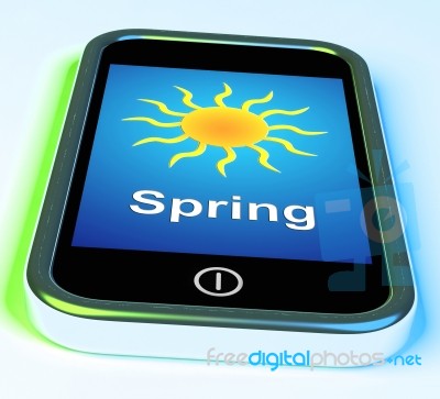 Spring On Phone Means Springtime Season Stock Image