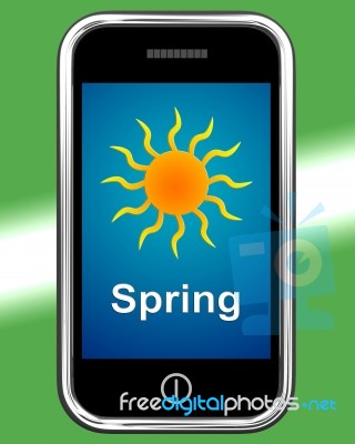 Spring On Phone Means Springtime Season Stock Image