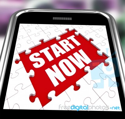 Start Now Smartphone Shows Commence Or Begin Immediately Stock Image