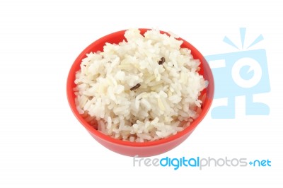 Steam Brown Rice Red Bowl On White Background Stock Photo
