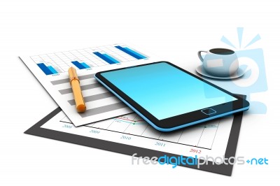 Stocks On Tablet With Coffee Stock Image