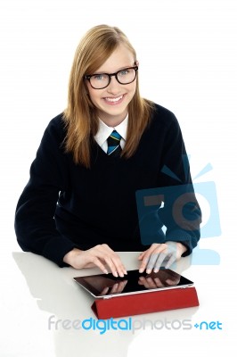 Student Operating New Touch Screen Tablet Device Stock Photo