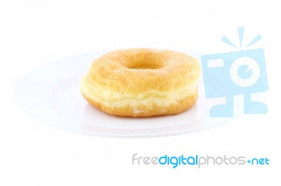 Sugar Donut  On Dish On White Background Stock Photo