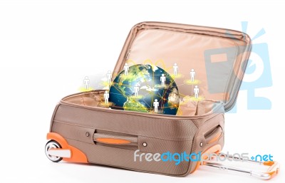 Suitcase And Earth Isolated On A White Background Stock Photo