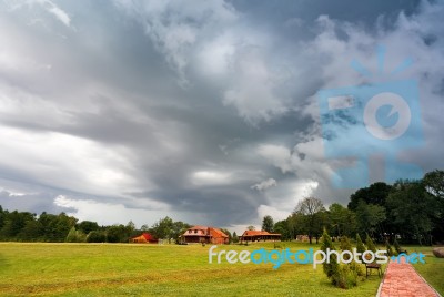 Summer Storm Landscape. Dramatic Cloudy Sky. Hurricane And Rain Stock Photo
