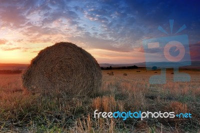 Sunset Straw Bale Stock Photo