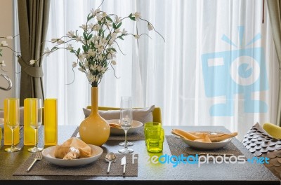 Table Set On Dinning Table Stock Photo
