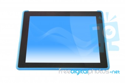 Tablet Computer Device Blue Screen On White Background Stock Photo