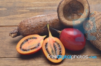 Tamarillo And Cassava Fruits Stock Photo