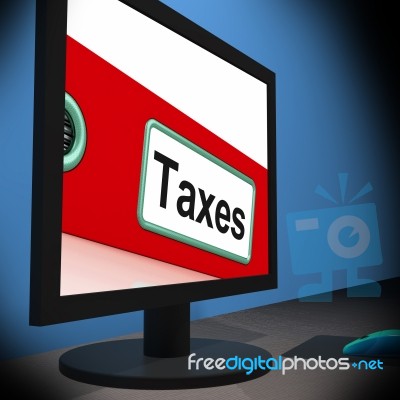 Taxes On Monitor Showing Taxation Stock Image
