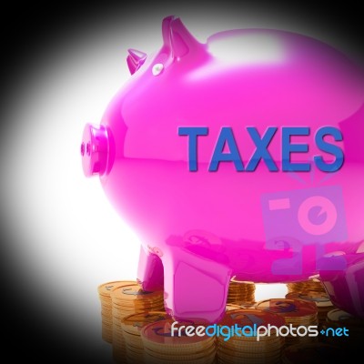 Taxes Piggy Bank Coins Means Taxed Income And Tax Rate Stock Image